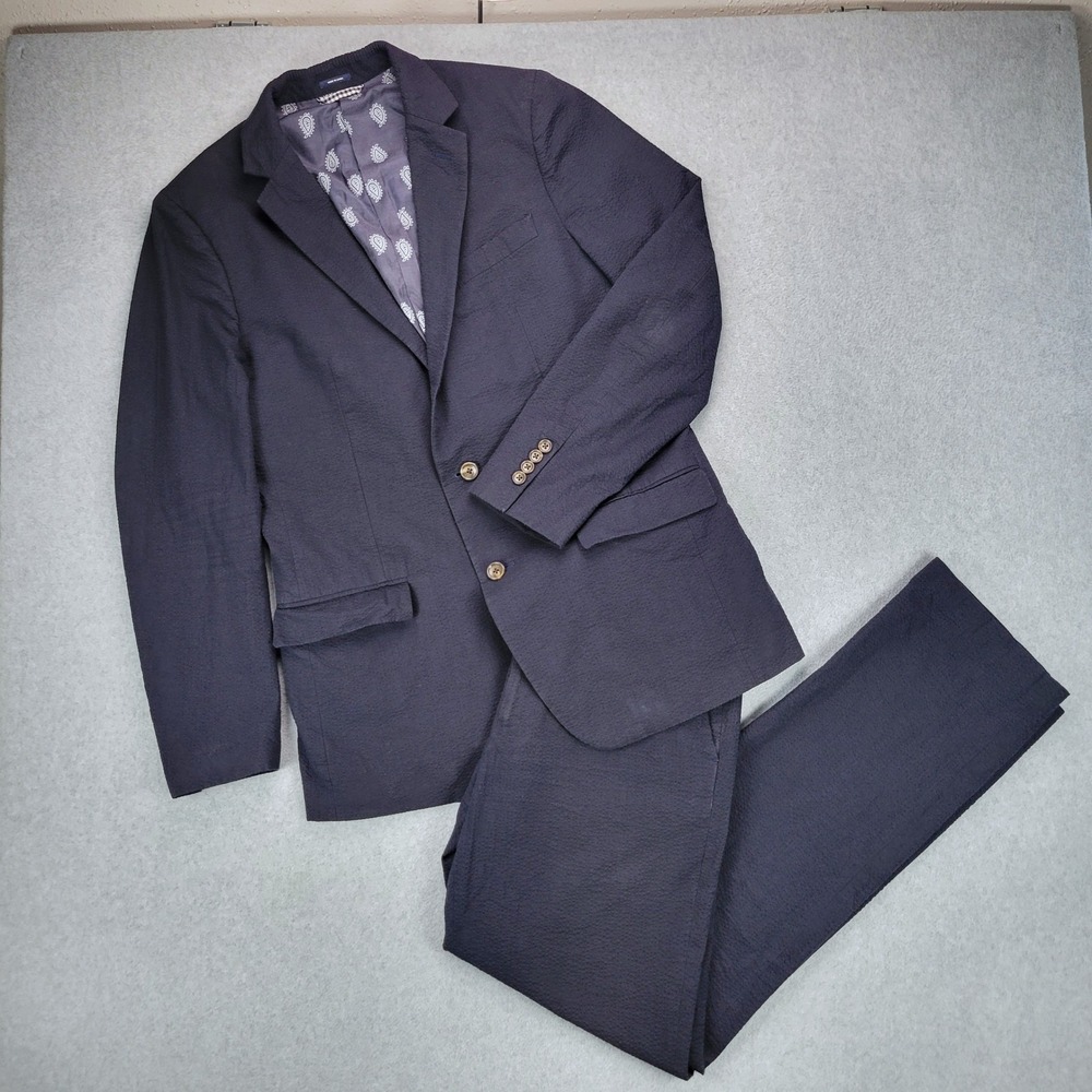 Bonobos Seersucker Suit Men 40L 32x34 Navy Blue Standard Fit Cotton 2-Piece